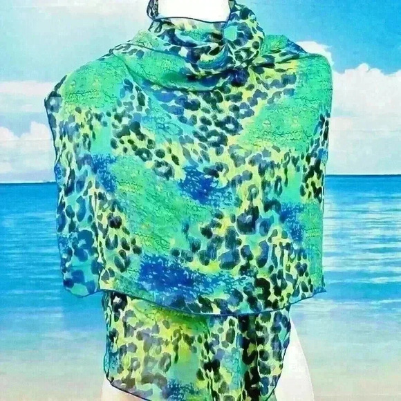 GREEN/BLUE COLORFUL Womans SHEER Scarf REVERSIBLE Hajib Shoulder Rectangle Wrap - Picture 2 of 8